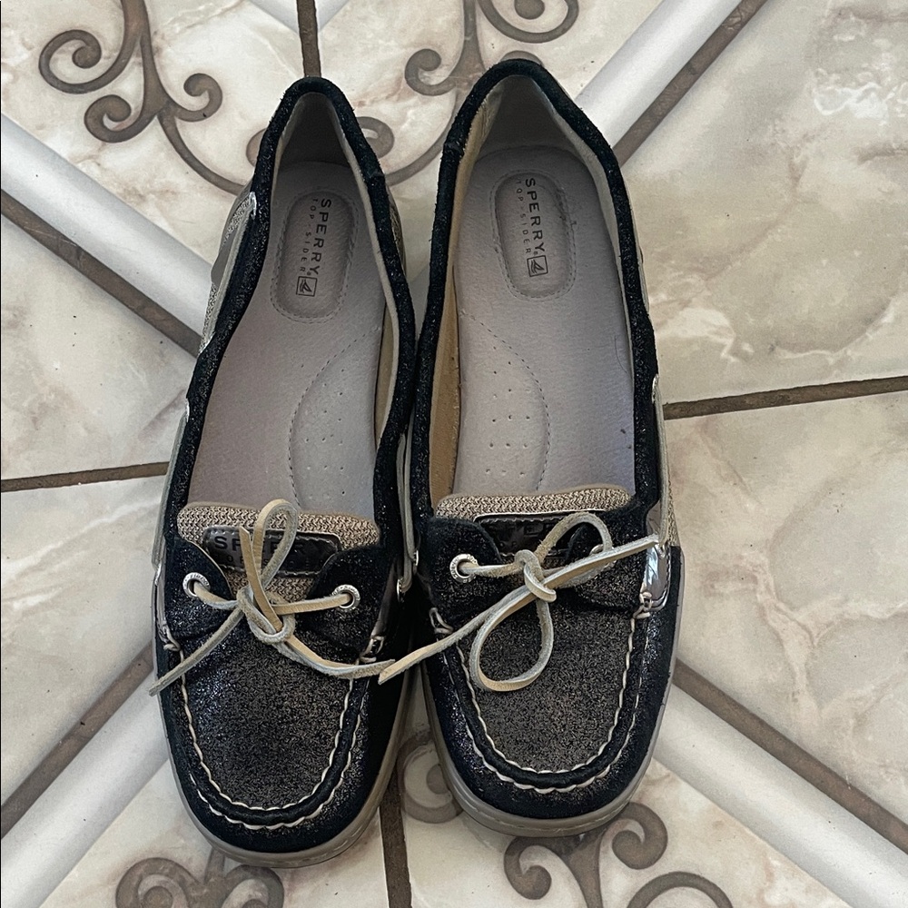 Sperry Women's Black Glitter Loafers with Tan Laces